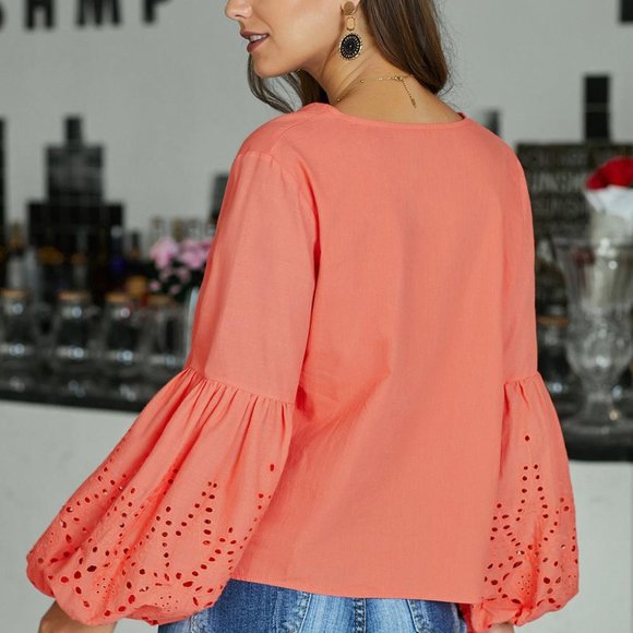 Coral Pink Rhapsody Cotton Balloon Sleeve Tie Top - Picture 2 of 3